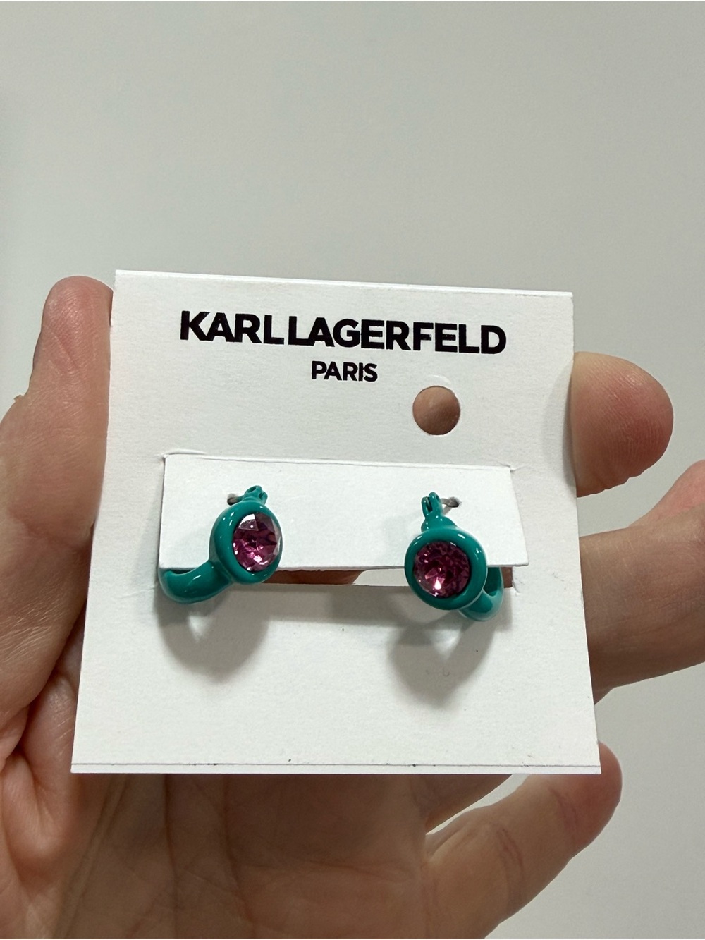 Karl Lagerfeld Teal Hoop Earrings with Pink Crystal Centers - Picture 1 of 2